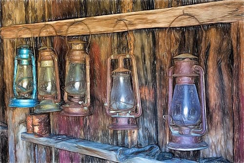 Painting effect on antique lanterns-Bodie State Historic Park viewed through window-California Art Print by Adam Jones